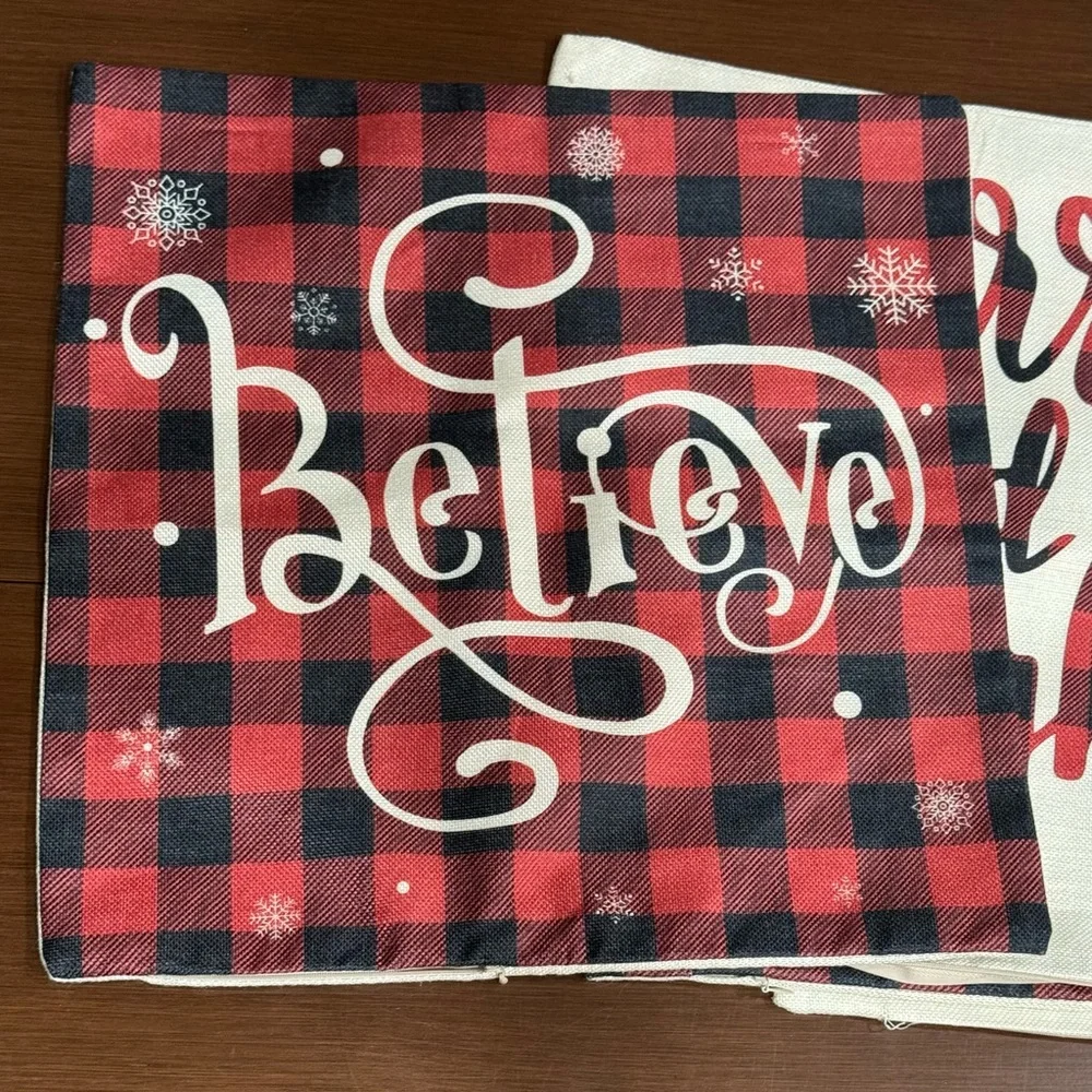 Holiday Pillow Covers Red/Black Buffalo Check and Cream Burlap Covers (Set of 4)